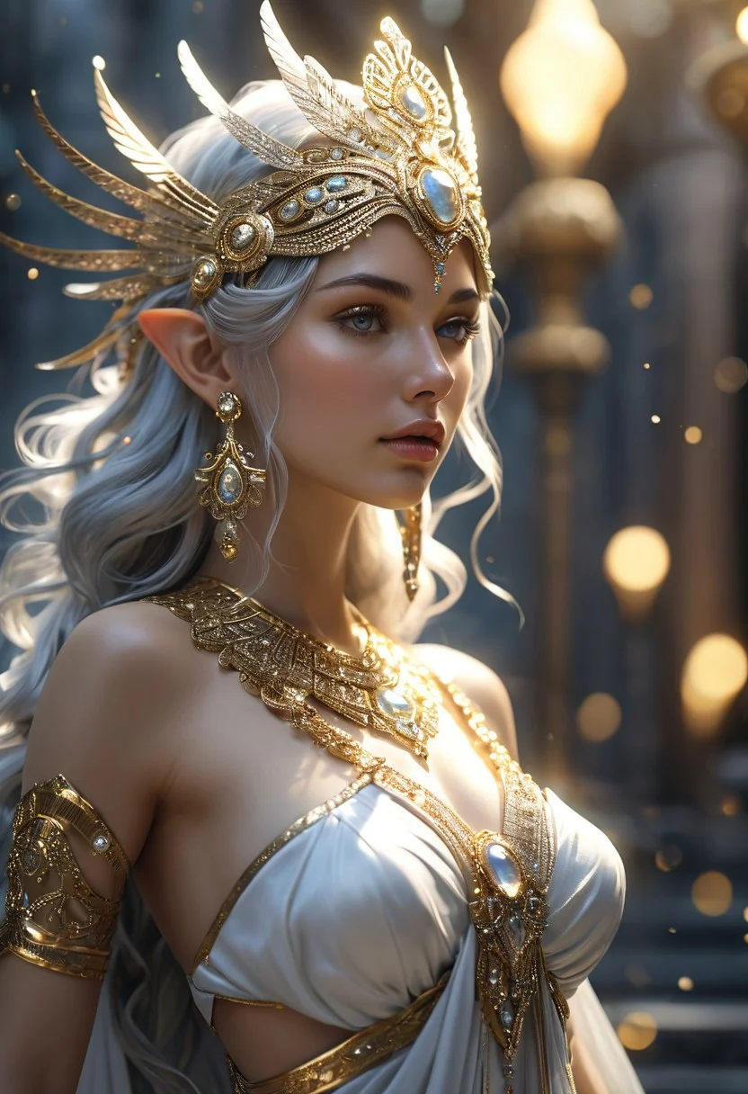 woman, (fantasy:1.8), glittering silver and gold theme, (goddess:2.2), alluring, (sexy:1.5), upper body focus, (detailed face:1.6), (detailed eyes:1.3), (godrays:1.5), (photo realism:1.8), (full body possible, wide angle:1.5), (sensual expression:1.6), (glistening skin:1.5), (elaborate costume:1.4), toga-like robe with silver and gold detailing, (flowy hair:1.6), (styled hair:1.4), (bejeweled headdress:1.6), (graceful posture:1.6), flashing (eyes:1.5), (scepter:1.5), golden, with silver gems, (oculus artifact:1.5), (orbiting miniature moons:1.4), (shimmering aura:1.4), (enhanced bokeh:1.5), (light flares:1.4).