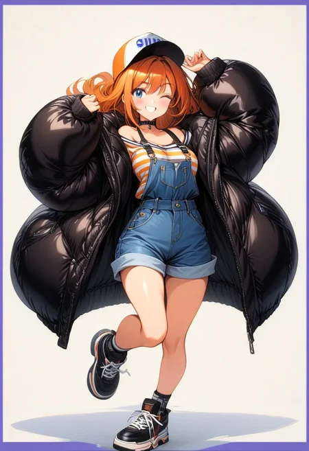 (masterpiece,best quality,ultra_detailed,highres,absurdres:1.2),1girl, solo, smile, shoes, puffy jacket, grin, striped, overalls, shirt, sneakers, collarbone, standing, choker, bag, bangs, blush, hat, denim, holding, shorts, breasts, one eye closed, (oversized overstuffed voluminous giant black shiny down jacket:1.2), off shoulder, full body, blue eyes, looking at viewer, open clothes, downjacket, extra_puffy_jacket, striped shirt, standing on one leg, white headwear, overall shorts, strap slip, open jacket, long hair, bare shoulders, long sleeves, black footwear, brown hair, arm up, leg up, orange hair, baseball cap
<lora:1990s-sdxl:1>