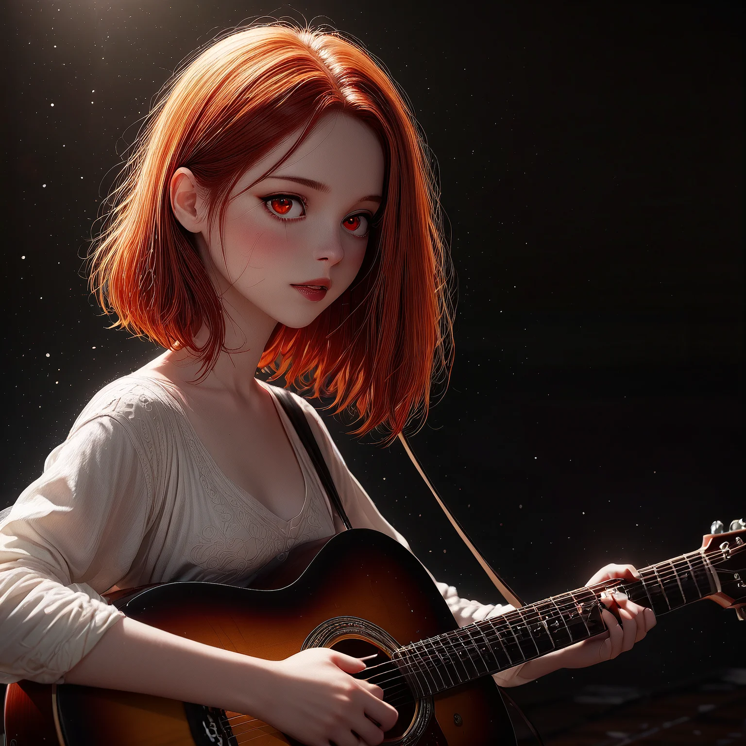 rbw-style, girl, red hair, white skin, playing guitar, dark background, rating_safe, sdxl_fixl-art, masterpiece, very aesthetic, absurdres, cinematic lighting, <lora:sdxl_rbw-style_sdxl:1.0>
