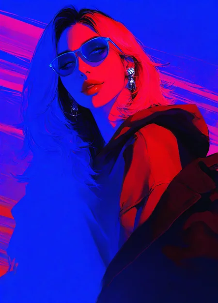 realistic, ink art,
masterpiece, best quality, amazing quality, highres, absurdres, very aesthetic, very awa,expert shading,3l3ganc3, 1girl, 20 yo, adult woman, 1girl, ink art, 1girl, solo, face, pretty, blue eyes, 24 yo, seductive, portrait, looking at viewer, delicate facial features, blue and red colors, strikingly beautiful, teasing expression, face focus, upper body view, dynamic angle, delicate lips, blue sunglasses, lowered sunglasses, vaporwave, black hair, blond hair, medium length hair, eyeliner, mascara, light eye makeup, red lips, earrings, punk fashion, hoodie, jacket, jeans, halftone background, geometric background, cowboy shot, high contrast, dramatic lighting, hard shadows, colorful, <lora:_Elegence_Ink_svd_linear:0.75> <lora:96YOTTEA-WAI:0.35>