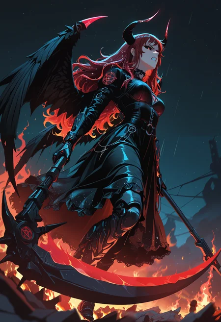 masterpiece, best quality, good quality, very aesthetic, absurdres, newest, 8K, depth of field, focused subject, side view, low angle, from below, solo, 1girl, black sclera, obsessed, demon girl, focused face, angry face, 
glitter hair, long hair, black and red hair, holofoil, 
combat solider, midair, nightstalker, black angel wings, goth dress, holding and wielding scythe, running, apocalyptic, glowing pentagram, in flames, clear night sky, neon nightvision, secret mission, motion lines, motion blur