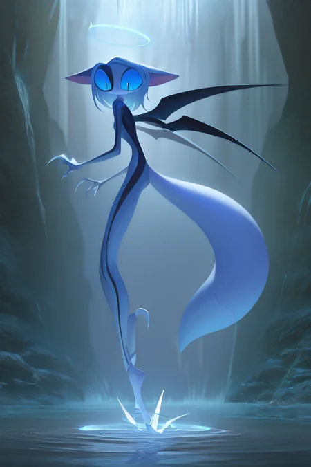 wisp, 1girl,solo,(close up),,body focus,blue eyes,animal ears,tail,full body,wings,water,no humans,halo,claws,waterfall backround,
masterpiece, best quality, amazing quality, very aesthetic, absurdres, newest,
epic detailed backround (volumetric lighting),
,<lora:wisp_illustrious:1>,