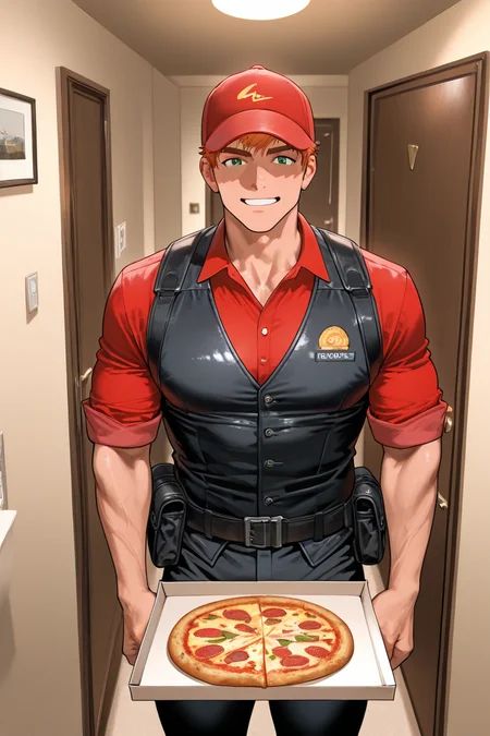 expressive manly face, 1boy, NapoliPizzaguy, orange hair, green eyes, short hair, manly, muscular, pecs, bara, smile, toned male, looking at viewer, red baseball cap, delivery uniform, red shirt, rolled up sleeves, black vest, black pants, belt, pouch bag, pizza delivery, holding pizza box, indoors, door, door frame, pov from inside a hotel room, man outside the hotel room, shadow, dynamic angle, atmospheric perspective, intricately detailed, depth of field, masterpiece, best quality, amazing quality, very aesthetic, absurdres, newest, very awa