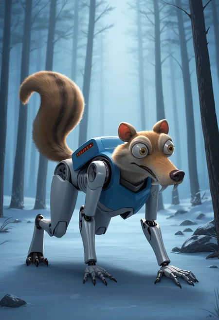 Giant robot transformer beast squirrel from the ice age, Bulging eyes bushy tail, skinny, robotic transformer limbs, holding a big mechanic acorn with digital parts and LED lights,  <lora:Scrat_Ice_Age_PONY:0.75> Scrat, in an ice vast dessert, intense looking to viewer, oin all fours running quadruped in the forest