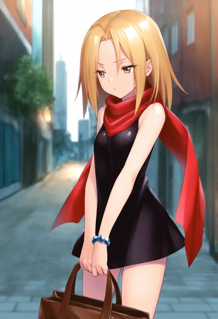 masterpiece, best quality, kojiann, short hair, blonde hair, brown eyes, short dress, sleeveless,  red scarf, bracelet, city, holding bag,  street,   <lora:Anna IXL 2:1>