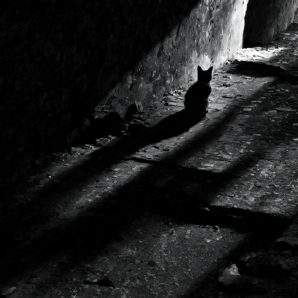 <lora:SDXL_feelings_Sa_May-v5:1>  feelings, cat sitting in a dark room with a light coming through the window