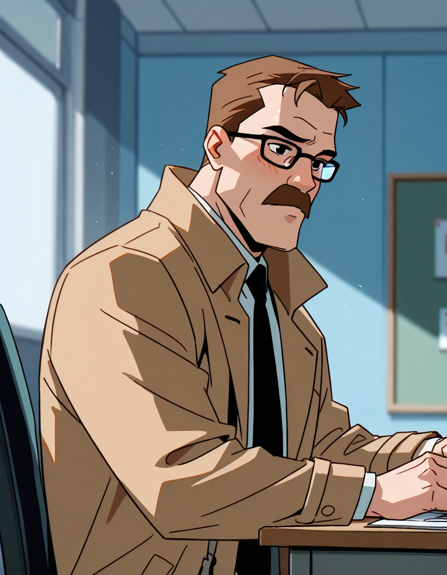 lazypos,<lora:Commissioner_James_Gordon_-_The_Batman-000019:1>,<lora:Batman_-_IO_Illustrious:0.5>,<lora:BatSup_Anim_90s_ILXL:0.4>,<lora:Commissioner Gordon:1>,western Comic book style:1.5,DC Comics:1.3,photorealistic, impressionism (1.5), high detail,male focus, face focus, eye focus, depth of field, (blurred background), (dramatic lighting), masterpiece, best quality, very aesthetic,8k,masterpiece, best quality,masterpiece, best quality, 8k,1 boy,POV from across a desk,an interview in an office,side view,1boy (Commissioner James Gordon, Facial Hair, Mustache, Glasses, Brown Hair, Black Eyes, glasses, tan coat, tie, sitting in an office chair, in an office, in front of a desk, looking embarrassed), detailed face, detailed eyes, skin texture