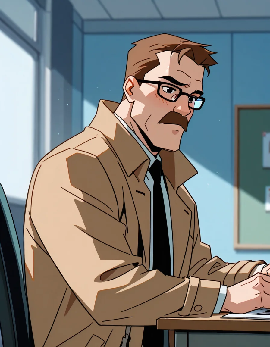 lazypos,<lora:Commissioner_James_Gordon_-_The_Batman-000019:1>,<lora:Batman_-_IO_Illustrious:0.5>,<lora:BatSup_Anim_90s_ILXL:0.4>,<lora:Commissioner Gordon:1>,western Comic book style:1.5,DC Comics:1.3,photorealistic, impressionism (1.5), high detail,male focus, face focus, eye focus, depth of field, (blurred background), (dramatic lighting), masterpiece, best quality, very aesthetic,8k,masterpiece, best quality,masterpiece, best quality, 8k,1 boy,POV from across a desk,an interview in an office,side view,1boy (Commissioner James Gordon, Facial Hair, Mustache, Glasses, Brown Hair, Black Eyes, glasses, tan coat, tie, sitting in an office chair, in an office, in front of a desk, looking embarrassed), detailed face, detailed eyes, skin texture