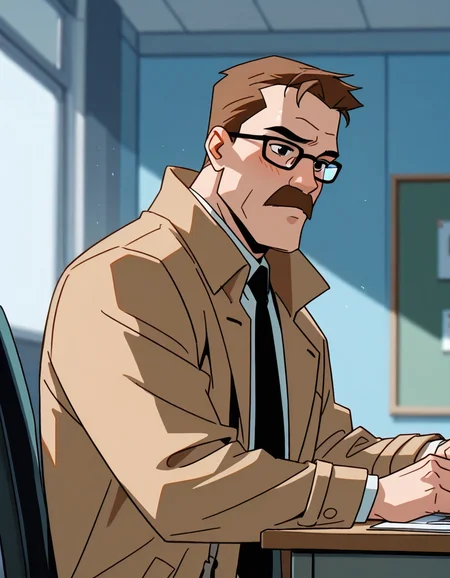 lazypos,<lora:Commissioner_James_Gordon_-_The_Batman-000019:1>,<lora:Batman_-_IO_Illustrious:0.5>,<lora:BatSup_Anim_90s_ILXL:0.4>,<lora:Commissioner Gordon:1>,western Comic book style:1.5,DC Comics:1.3,photorealistic, impressionism (1.5), high detail,male focus, face focus, eye focus, depth of field, (blurred background), (dramatic lighting), masterpiece, best quality, very aesthetic,8k,masterpiece, best quality,masterpiece, best quality, 8k,1 boy,POV from across a desk,an interview in an office,side view,1boy (Commissioner James Gordon, Facial Hair, Mustache, Glasses, Brown Hair, Black Eyes, glasses, tan coat, tie, sitting in an office chair, in an office, in front of a desk, looking embarrassed), detailed face, detailed eyes, skin texture