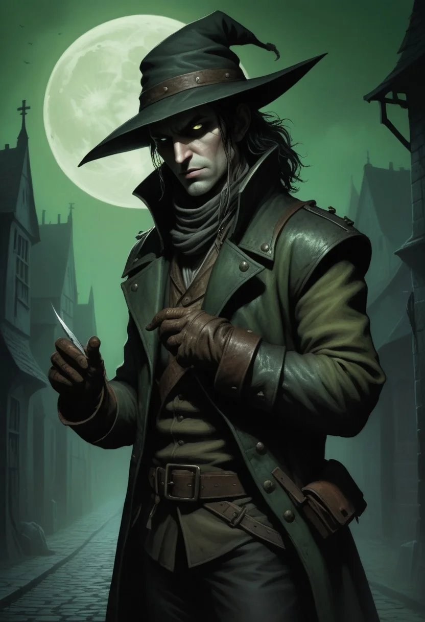 Dark Fantasy Artwork of a lean pale highwayman (picking his nails) with a thin straight dagger, one leather glove off, beneath a pale creepy green moon, (top half of his face obscured by shadow). He wears a medieval leather jacket, (floppy bicorn hat with wide brim,) tight trouser with a woolen codpiece, and long riding boots. DarkestDungeon artstyle. Karl Kopinski artstyle, very detailed. Dark foggy alley in the 1500's background,