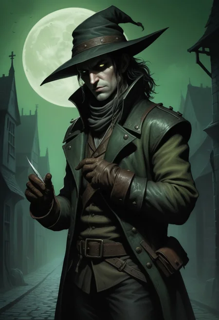 Dark Fantasy Artwork of a lean pale highwayman (picking his nails) with a thin straight dagger, one leather glove off, beneath a pale creepy green moon, (top half of his face obscured by shadow). He wears a medieval leather jacket, (floppy bicorn hat with wide brim,) tight trouser with a woolen codpiece, and long riding boots. DarkestDungeon artstyle. Karl Kopinski artstyle, very detailed. Dark foggy alley in the 1500's background,