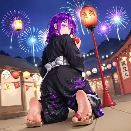 1girl, miyaura sanshio, solo, close up, ahoge, purple hair, ahoge, black shirt, eyelashes, foreshortening, purple eyes, standing,foot focus, feet, soles, from below, smile, festival, candy apple, food stand, kneeling, paper lantern, night, yukata, fireworks, looking back, sandals removed