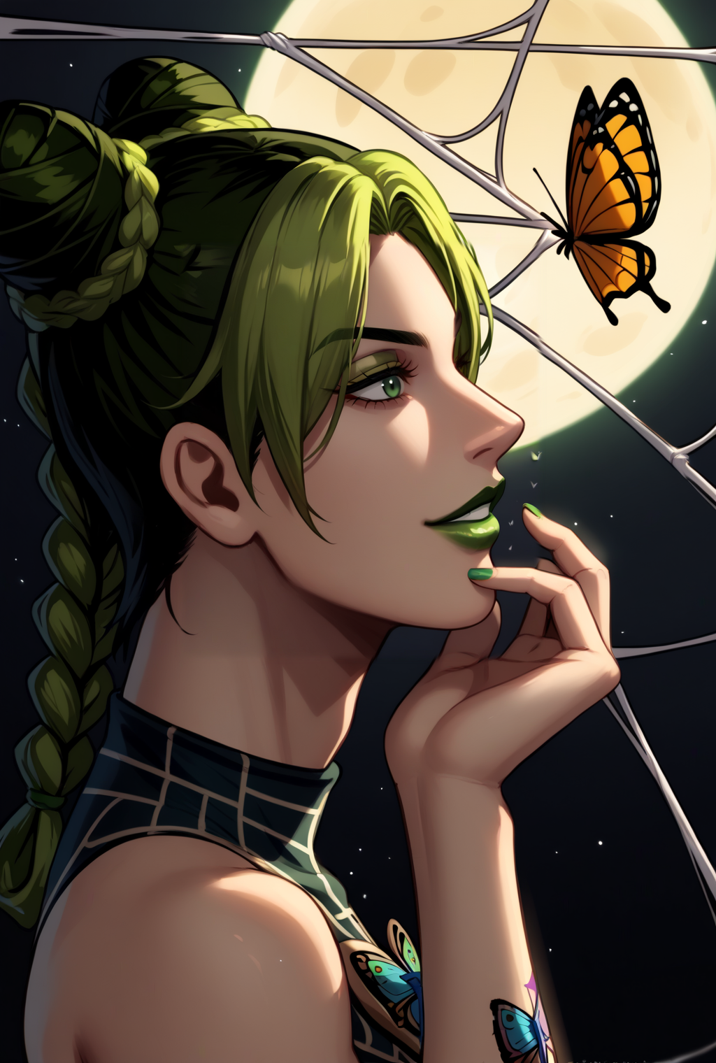 score_9, score_8_up, source_anime  BREAK solo, close-up, face, extreme close-up, 
<lora:JolynePdxlDwnsty:1>, kjolyne, green eyes, two-tone hair, green hair, black hair, double bun, braided bun, braided ponytail, green lips, lipstick, make up, green nails, nail polish, tattoo, butterfly, spider web print, 
 smirk, head back, arm behind back, hand on own face, from side, profile, 
abstract background, spider web, spiral, light particles, dust, sunbeam, cinematic lightning, aura, moon,
<lora:nai3_check2:0.8>