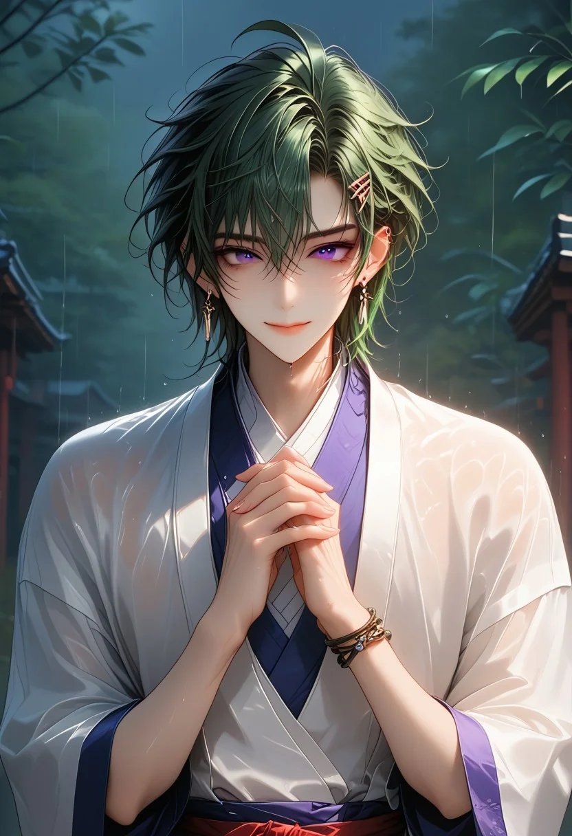 (Masterpiece:1.4), (best quality:1.2), (perfect anatomy), (perfect hands), (perfect face),1boy, solo, full body, antherima, solo, 20 years old, dark green hair, hair between eyes, asymmetrical hair parting on left, hair clip on left side, ahoge, medium length bangs, anime reference, slit pupils, purple Eyes, light_red_eyeshadow, ((1_earstud_left_side)), beaded bracelet, backlit character, looking at viewer, smiling, closed mouth, hands together, thin waist, wet, wet clothing, BREAK,
shrine, japanese shrine, bamboo trees, night, nighttime,raining, heavy rain, low light, dark, paved path, moss, extreme detail, detailed scenery, detailed background,
