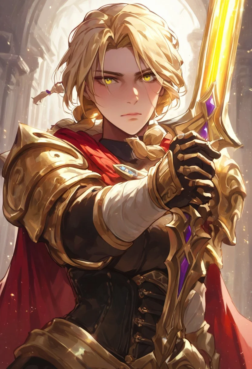 score_9, score_8_up, score_7_up, score_6_up, score_5_up, score_4_up,
paladin lady holding glowing sword, blonde hair, braid, ornate golden armor, ornate pauldrons, black corset, glowing yellow eyes, red cape, upper body, face focus