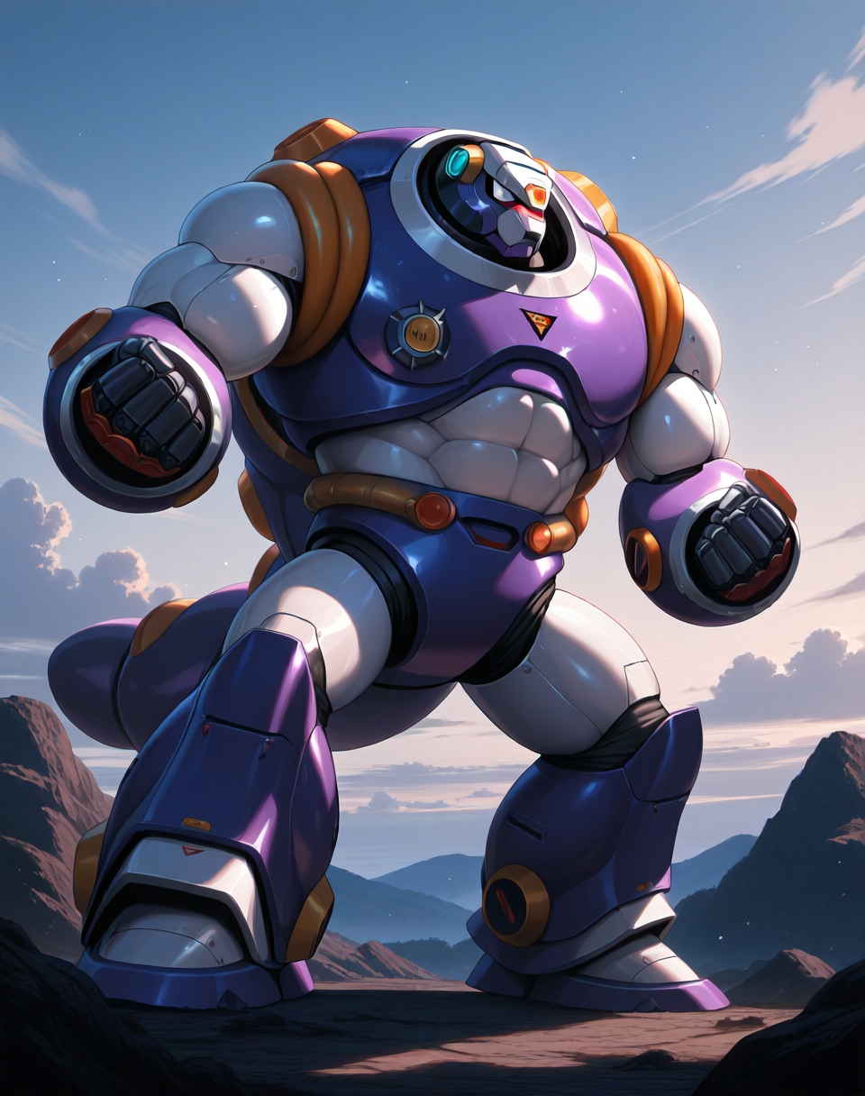<lora:Armored_Armadillo_(Mega_Man_X)_(Illustrious)_(AD):1.35> Armored Armadillo, reploid, MMX, 
((
exterior, video game background, sky with clouds, 
male focus, intense shadows, dynamic shadows, intricate details, attention to details, gradient coloring, robot, hyper muscular, abs, 
):1.5), 
BREAK very awa, masterpiece, best quality, amazing quality, very aesthetic, highres, absurdres, 
EZRealPONYXL, zPDXL, Smooth Quality, lazynsfw,