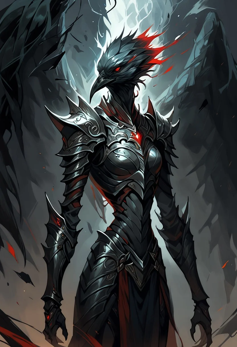 solo, score_9, score_8_up, score_7_up, score_6_up,
dark aura, 1girl, no humans, colored skin, gray skin, wings, beak, skinny, red eyes, knight, night armor,