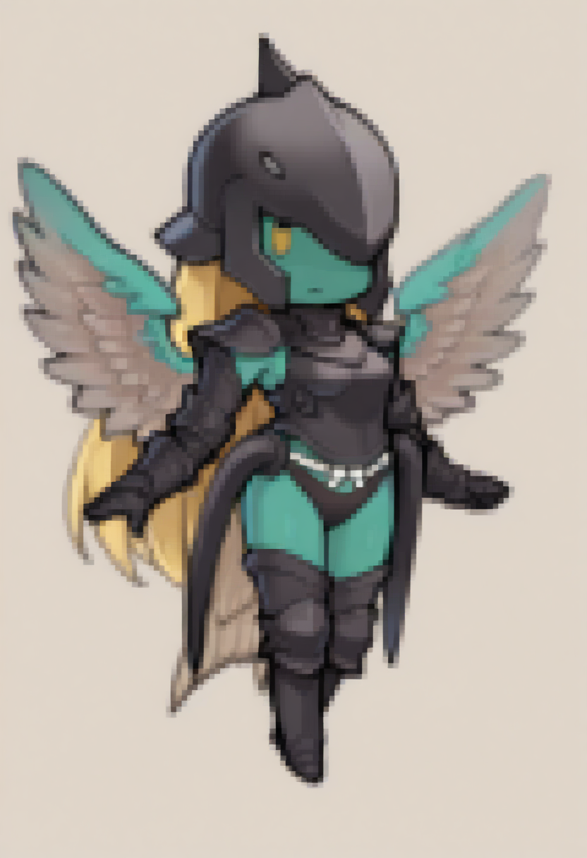 masterpiece, best quality, 1girl, solo, looking at viewer,
<lora:Feh-Sprites-illus_Fp:1>  simple background, chibi, full body
 <lora:zs_MorriganILLU:1> m0rr1gansmt, colored skin, green skin, blonde hair, long hair, yellow eyes, green wings:1.2, feathered wings, black helmet, black armor, black panties, black armored boots