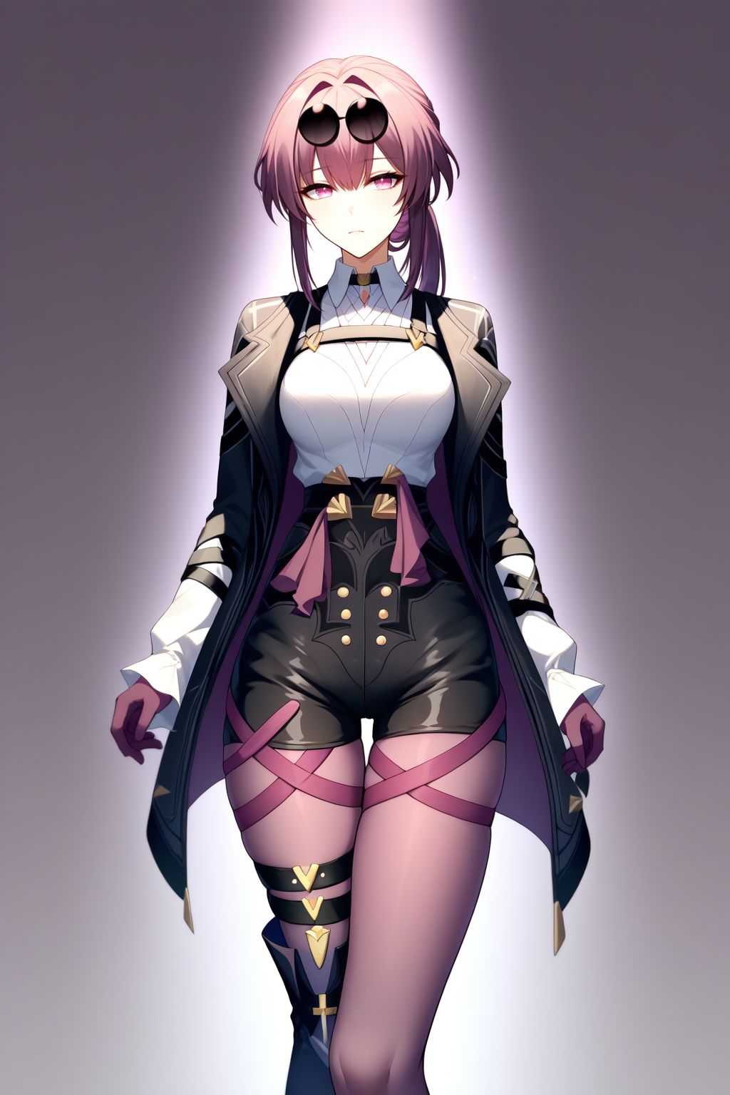 score_9, score_8_up,  <lora:NSKafkaHSR:1> NSKafkaHSR, long hair, bangs, sidelocks, ponytail, high-waist shorts, purple pantyhose, purple gloves, white collared shirt, eyewear on head, sunglasses, jacket on shoulders, asymmetrical legwear, black footwear, asymmetrical footwear, single thigh strap, single thigh boot, criss-cross straps
