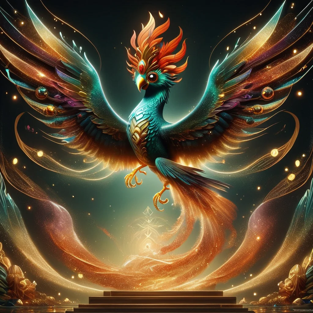 zPDXL2, RetroBG, fantastical creature, phoenix, ethereal appearance, shimmering details, magical essence, dreamlike atmosphere, surreal, fantasy art, digital art, vibrant colors, mystical, otherworldly, whimsical, imaginative, artistic, glowing feathers, ethereal glow, fantasy illustration. <lora:RetroLuxe World Morph - Pony:1>