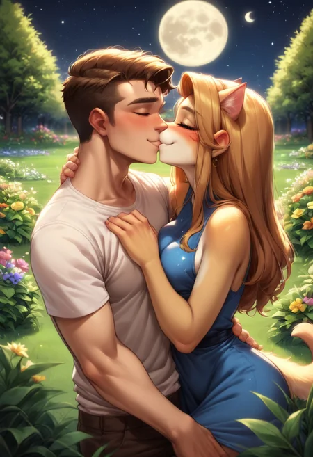 score_9, score_8_up, score_7_up, e621, sexy anthro cat kissing human male, (anthro cat has a pretty face, cute, horny, summer dress, smiling, long hair, medium breasts, clothed female), male human, (1boy, human male, shy), garden, grass, flowers, night, stars, kissing, full moon, perfect eyes, furry girl, furry, anthro, side view, identical height, beautiful face, 1girl, 1boy