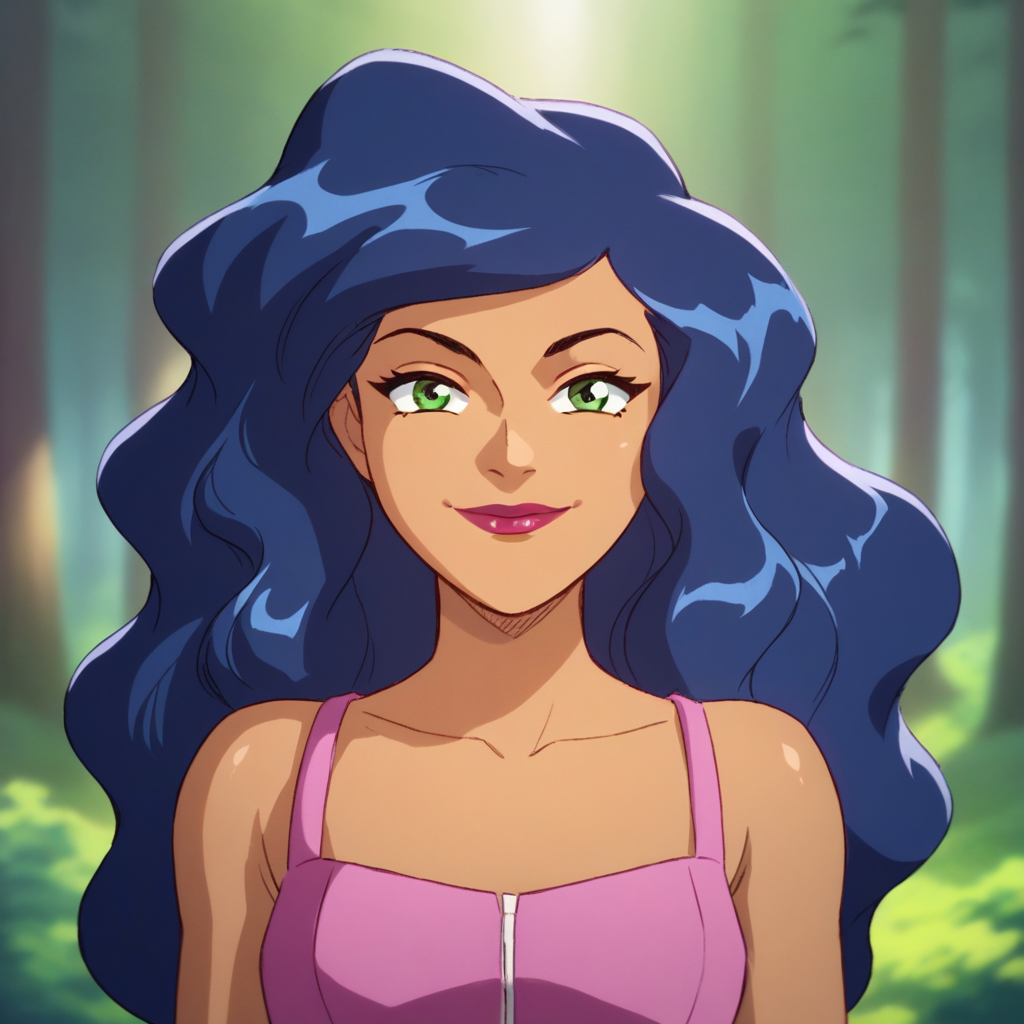 score_9_up, score_8_up, BREAK, Caitlin, 1girl, solo, blue hair, long hair, green eyes, dark skin, lipstick,  light smile, pink crop top, upper body,  <lora:Caitlin_TotallySpies_PXL_Leaf2-000019:0.9>, forest, looking at viewer,