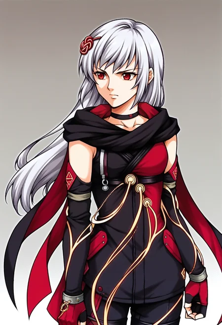 score_9, score_8_up, score_7_up, source_anime, BREAK <lora:zs_FE9PortraitsXL:1> fe9portraits, solo, cowboy shot, simple background, 1girl, <lora:KasaneSN-pdxl:1> defKasane, long hair, hair ornament, choker, black jacket, black scarf, red cape, detached sleeves, cables, red gloves, fingerless gloves, black pants