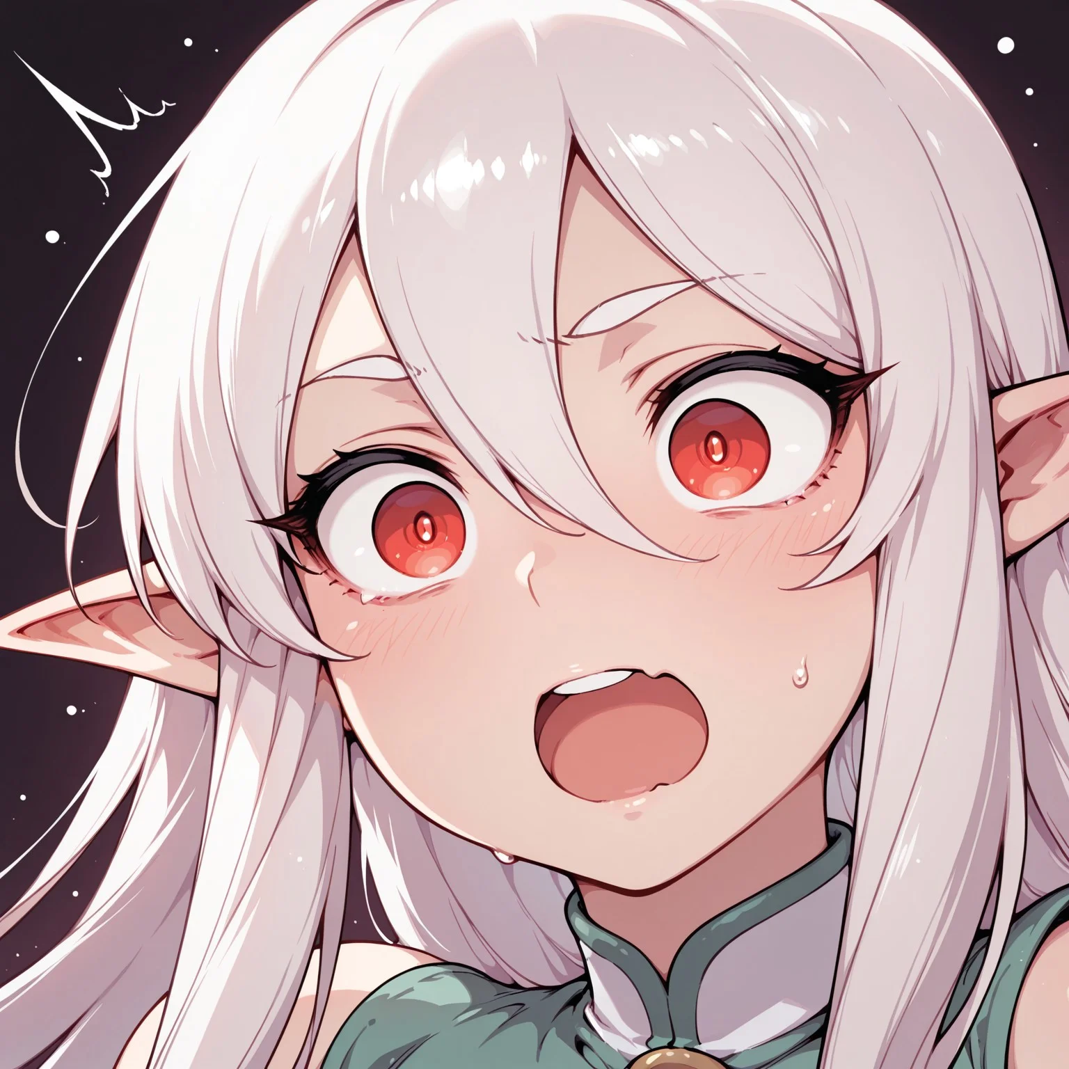 masterpiece, best quality, amazing quality, 1girl, solo, elf ears, white hair, hair between eyes, long hair, red eyes, pupils
closeup, Excited expression, widened eyes, eyebrows arched high, open mouth