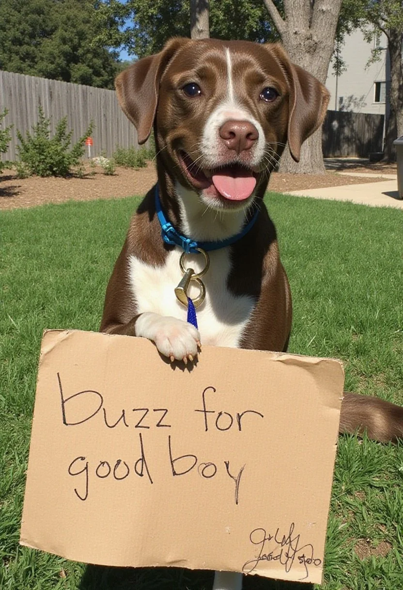 A photo of a happy dog holding a piece of cardboard with the words written with a marker "buzz for good boy". This photo was taken during a sunny day in garden