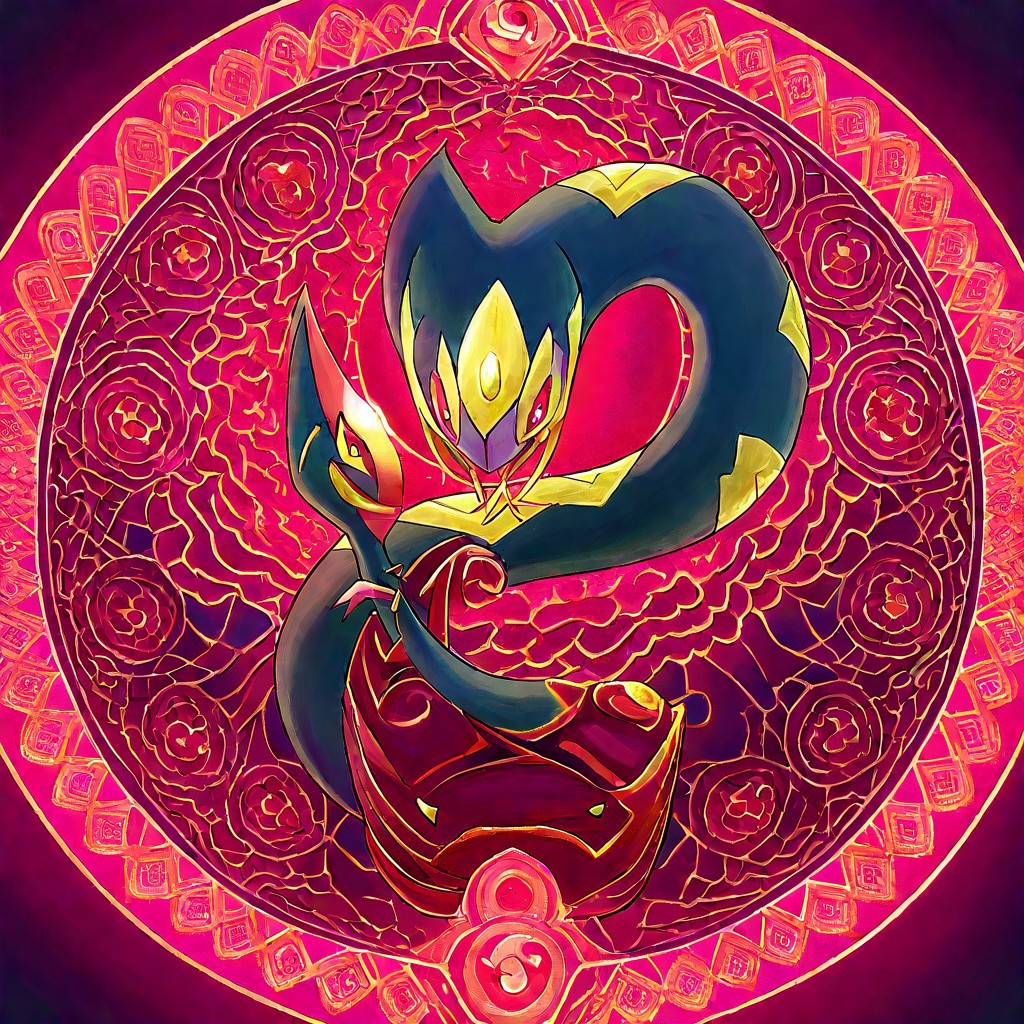 colored Mandala style, medium stylized pattern, (deep_purple, black, red, gold),Seviper, serpentine, vertical_figure_eight_pattern, intricate_design, symmetrical, traditional_mandala,  ()glowing_golden_elements), luminous, mystical, highly_detailed, intricate_scales, geometric_patterns, harmonious_composition, masterpiece, balanced, precise, artistic, reverence, Pokémon