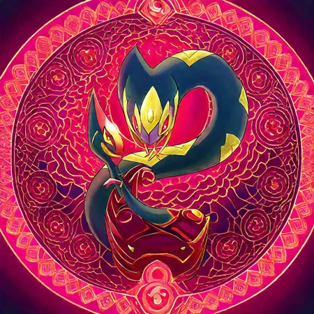 colored Mandala style, medium stylized pattern, (deep_purple, black, red, gold),Seviper, serpentine, vertical_figure_eight_pattern, intricate_design, symmetrical, traditional_mandala, ()glowing_golden_elements), luminous, mystical, highly_detailed, intricate_scales, geometric_patterns, harmonious_composition, masterpiece, balanced, precise, artistic, reverence, Pokémon