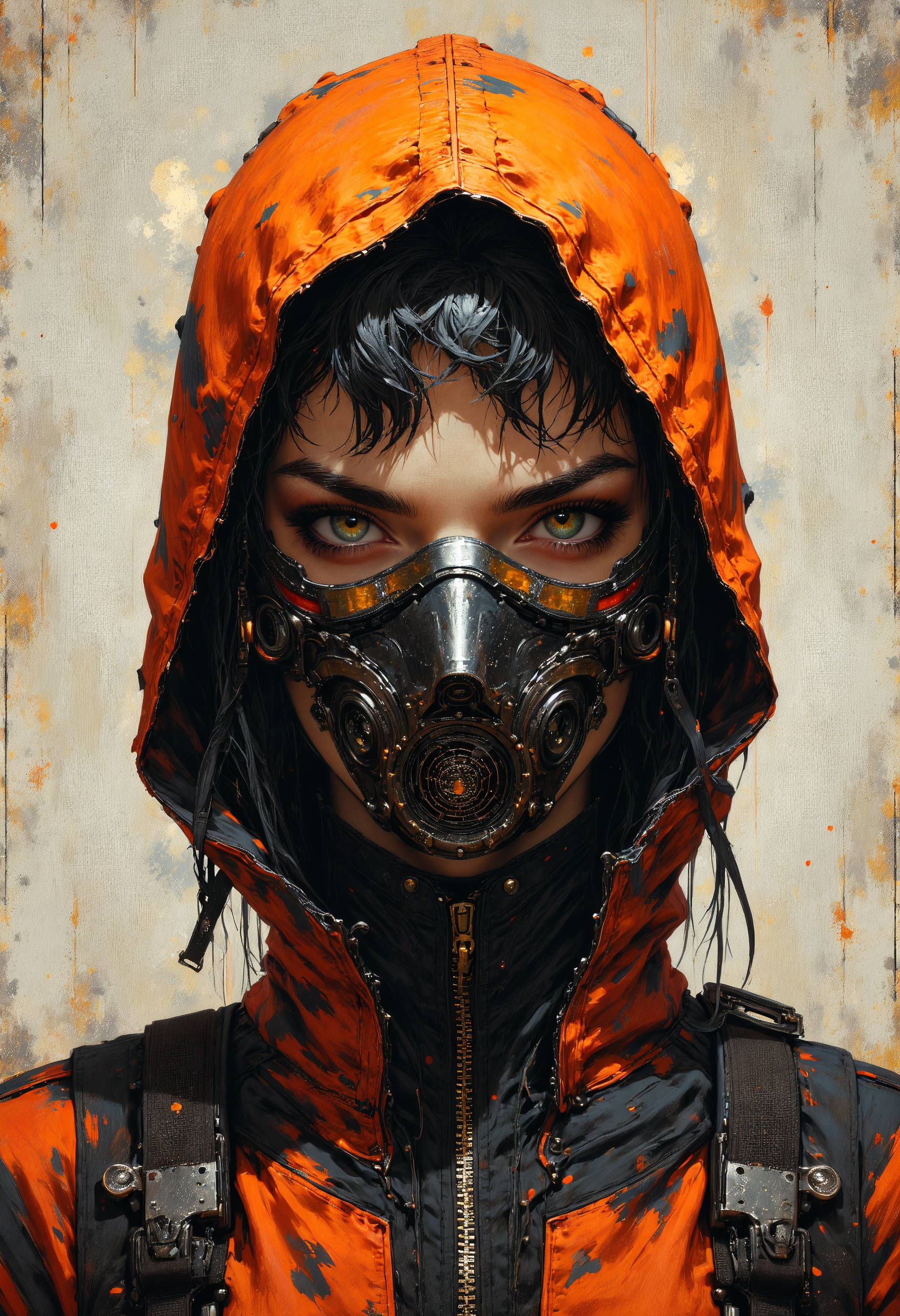 A masterfully crafted digital painting of a futuristic cyberpunk character, featuring a striking female figure in a sleek black and vibrant orange outfit with a weathered texture, The subject wears a high-tech helmet-mask hybrid with metallic details and glowing accents covering the lower half of her face leaving her piercing eyes as the focal point, Her outfit combines tactical and industrial design elements with a rugged shoulder strap and intricate buckles, The background is minimalist with subtle grunge textures emphasizing the intense and dramatic atmosphere, style is semi-realistic digital painting with bold color contrasts and sharp detail,