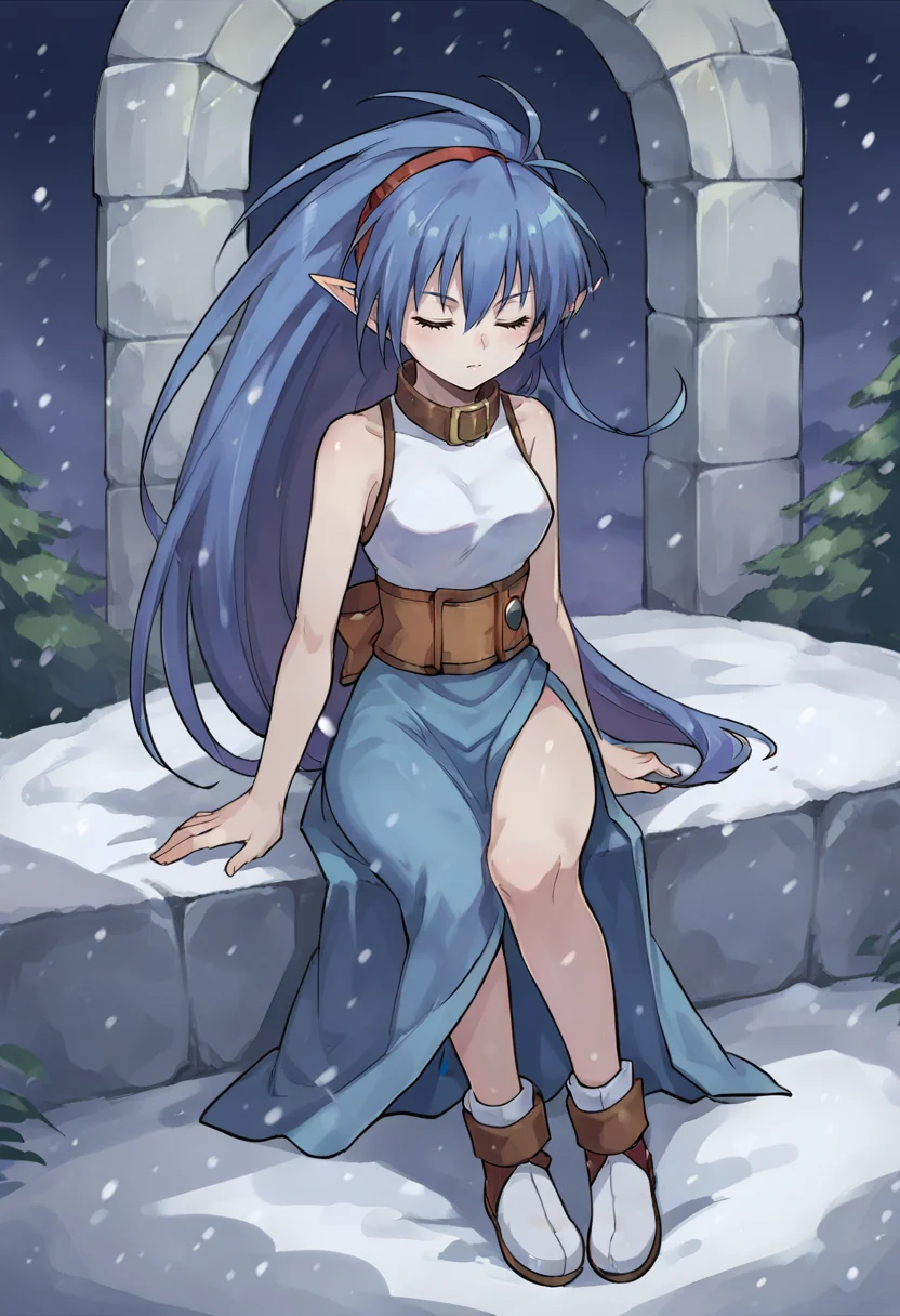 score_9,score_8_up,score_7_up,anime coloring BREAK source_anime,anime,<lora:Celsius_Tales_of_Eternia:0.8>,celsiuse,1girl,solo,blue hair,long hair,very long hair,ponytail,pointy ears,colored skin,hairband,sleeveless,collar,dress,side slit,closed eyes,sitting,outdoors,full body,Snow-covered Ruins,