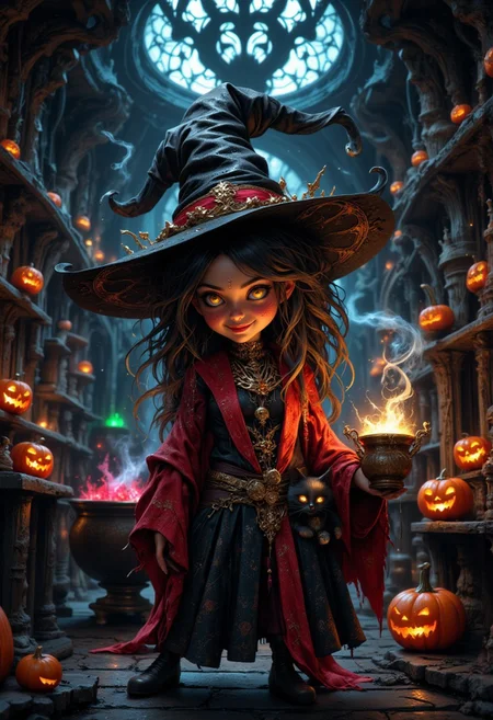The hall is bright and enchanting, a very cute, little witch, with a cute black kitten slinking between her legs, greets you with smiles that invoke happiness and safety at your welcomed intrusion, her presence is playful and inviting. her gown ornate with bright hues red and gold, her eyes flicker gold hues in the darkness of her chamber, she stand in from of a bubbling caldron with the steam turning into little, happy, ghosts. The caldron and shelves are decorated with halloween pumpkins. her presence also invokes joy and playfulness. She beckons you to join her with a cute and devilish smile. closeup portrait, hyperdetailed, 8k resolution, concept art, bright colors, hyperrealism, digital illustration, intricate, vapor, complex, ethereal, horror, dark environment, (&:0)t  (photography, high-resolution, dynamic, energetic,hyper-realistic, dramatic lighting, shallow depth of field.)