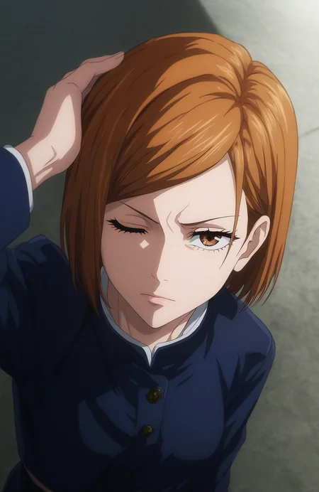 score_9, score_8_up, score_7_up, score_6_up, BREAK, source_anime, rating_explicit, masterpiece, best quality, detailed background, <lora:KUGISAKI_NOBARA_CULTY:1>
anime screencap, 1girl, solo, kugisaki nobara, brown hair, brown eyes, school uniform, upper body, looking at viewer, station, expressionless, covering one eye, hand on own head, one eye closed, from above, looking up