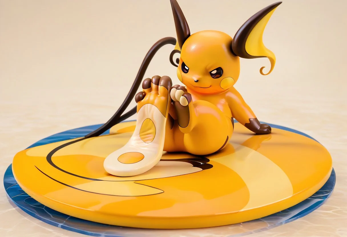 score_9, score_7_up, source_furry, rating_safe, solo, <lora:POKEMON_RAICHU_r1:1> raichu, pokemon, brown toes, brown feet, tan soles, pokemon (creature), 3 toes, foot focus, feet style, foot style, water, surfing, feet on surfboard, wet on feet, close-up