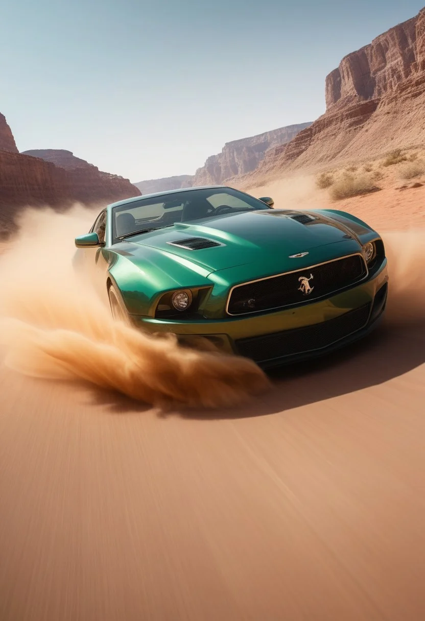 Desert Grand Canyon, sports car speeding, dust swirling, low angle shot, high-definition details, rapid movement, cinematic shot, wide-angle lens, backlighting, dynamic blur, desert landscape, oasis vitality, sports car dynamics, dust swirling, thrilling and exciting, desert golden tones, oasis emerald hues, sports car metallic texture, sense of speed