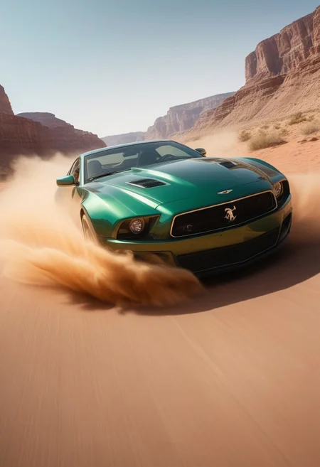 Desert Grand Canyon, sports car speeding, dust swirling, low angle shot, high-definition details, rapid movement, cinematic shot, wide-angle lens, backlighting, dynamic blur, desert landscape, oasis vitality, sports car dynamics, dust swirling, thrilling and exciting, desert golden tones, oasis emerald hues, sports car metallic texture, sense of speed