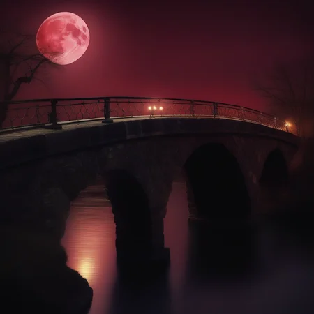 a stone bridge going over a river with candles sitting along the railing of the bridge. interior of a city with a dark red sky with a beautiful moon. natural lighting.
