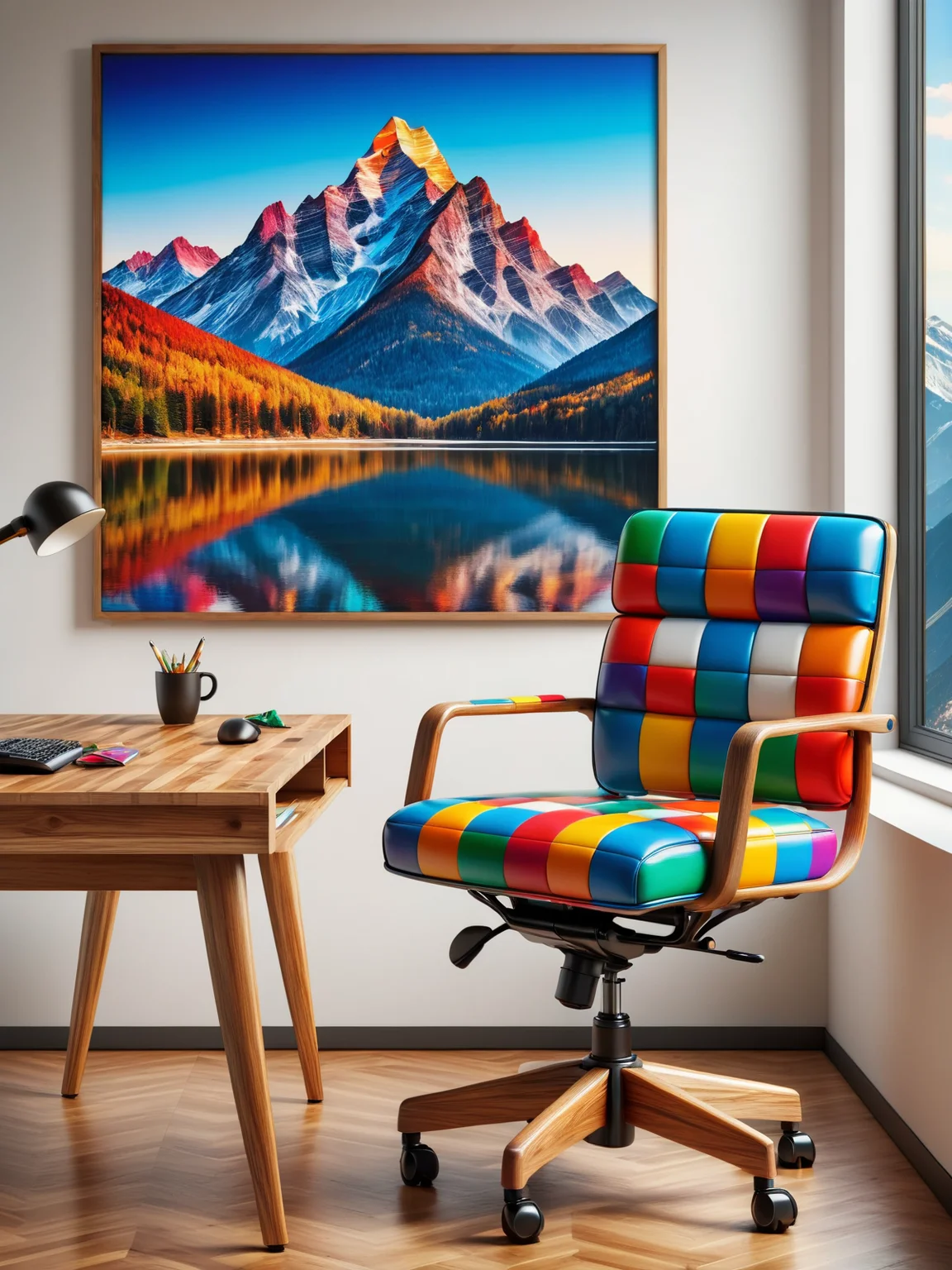 mad_colorful_checkers office chair and wooden desk in an expensive office, photograph of a mountain on the wall <lora:Colorful_Checker_SDXL:0.8>, (masterpiece:1.2), best quality