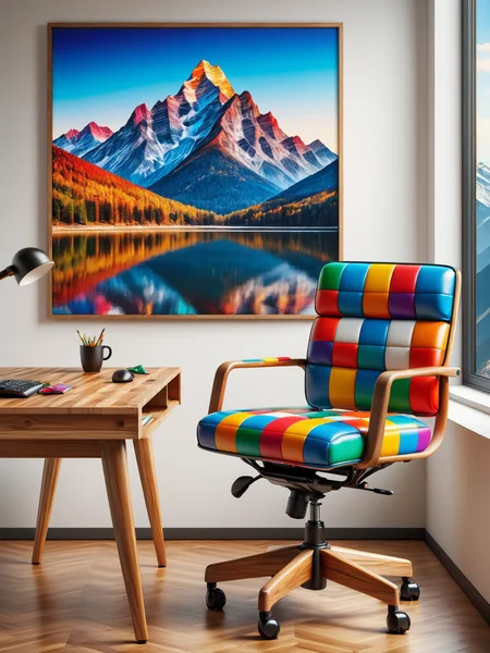 mad_colorful_checkers office chair and wooden desk in an expensive office, photograph of a mountain on the wall  <lora:Colorful_Checker_SDXL:0.8>, (masterpiece:1.2), best quality