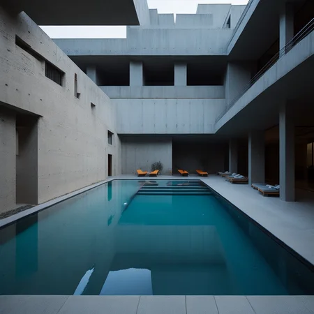 <lyco:brutalism style interior design:1.0> brutalist design of swimming pool