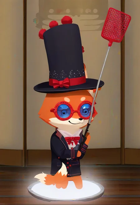 Super Animal Royale, detailxl, score_9, score_8_up, score_7_up, score_6_up, score_5_up,, detailed eyes, detailed face, detailed hands, top down full body view,  NightScapes, fox, cozy atmosphere, creative light overlay, 4k, masterpiece, (masterpiece), best quality, (4K), (cinematic lighting), highly detailed, 8K, UHD, ultra detailed, immersive picture, vivid colors, volumetric light, cinematic light, extremely detailed CG, fox is wearing a jacket and a hat while holding a flyswatter