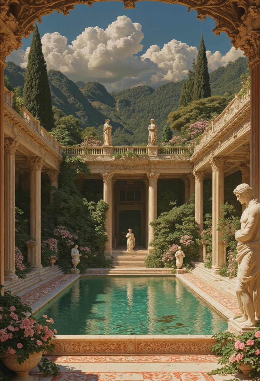 This image is a highly detailed CGI rendering of a grand, ancient Roman-inspired courtyard bathed in warm sunlight. The central focus is a large, rectangular pool with clear, turquoise water, reflecting the surrounding architecture. The pool is surrounded by ornate, white marble columns with intricate Corinthian capitals, adorned with lush green ivy and climbing plants, adding a touch of natural beauty. The columns form a semi-circular colonnade that curves around the pool, creating a sense of grandeur and elegance.
In the background, there are more columns and arches, partially obscured by dense green foliage and trees. The sky above is a deep blue, dotted with fluffy, white clouds, and the horizon is framed by a range of lush, green mountains. The scene is bathed in a golden light, casting a warm glow over the entire setting.
To the right, a large stone statue of a classical figure stands near the pool's edge, adding to the historical and artistic ambiance. The foreground features a low wall with a red and white checkered pattern, and there are several potted plants and flowers in bloom, adding a touch of color and life to the scene. The overall style is rich and opulent, capturing the essence of classical antiquity in a fantastical, dream. b74_aes