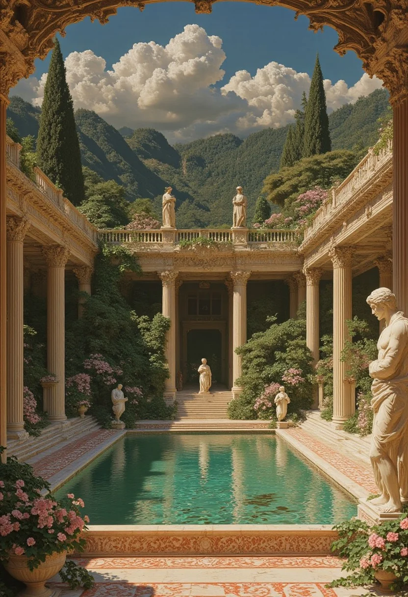 This image is a highly detailed CGI rendering of a grand, ancient Roman-inspired courtyard bathed in warm sunlight. The central focus is a large, rectangular pool with clear, turquoise water, reflecting the surrounding architecture. The pool is surrounded by ornate, white marble columns with intricate Corinthian capitals, adorned with lush green ivy and climbing plants, adding a touch of natural beauty. The columns form a semi-circular colonnade that curves around the pool, creating a sense of grandeur and elegance.
In the background, there are more columns and arches, partially obscured by dense green foliage and trees. The sky above is a deep blue, dotted with fluffy, white clouds, and the horizon is framed by a range of lush, green mountains. The scene is bathed in a golden light, casting a warm glow over the entire setting.
To the right, a large stone statue of a classical figure stands near the pool's edge, adding to the historical and artistic ambiance. The foreground features a low wall with a red and white checkered pattern, and there are several potted plants and flowers in bloom, adding a touch of color and life to the scene. The overall style is rich and opulent, capturing the essence of classical antiquity in a fantastical, dream. b74_aes