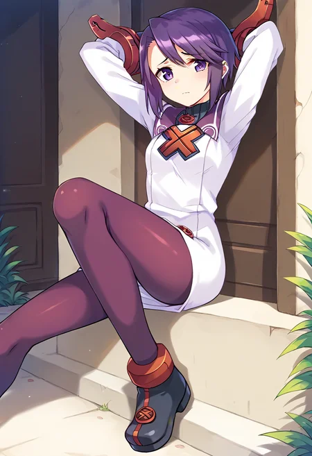 score_9, score_8_up, score_7_up, best quality, uncensored, source_anime, BREAK
1girl, toris(sn2), purple hair, short hair, purple eyes, white dress, long sleeves, toris(sn2) outfit, purple pantyhose, gauntlets, black shoes,
vanishing point, Sad, downturned mouth, drooping eyelids, and furrowed brow., arms behind head, 
looking at viewer, outdoors, 
<lora:sdxl_lightning_8step_lora:1> <lora:toris(sn2)_XL(pony):1>