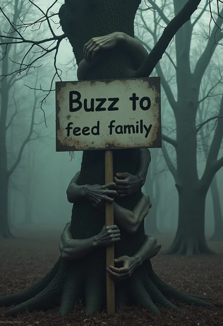 This haunting and surreal image depicts a twisted tree in a dark, misty forest, unnaturally entwined with numerous human arms and hands clutching its trunk at various heights. Among them, one large, pale, lifelike hand prominently holds a big, weathered sign that reads "Buzz to feed family," making it an unmistakable focal point in the eerie scene. The oversized sign contrasts sharply with the organic elements, amplifying the unsettling fusion of the natural and the unnatural. The dimly lit forest and muted tones enhance the chilling atmosphere, evoking themes of entrapment, desperation, and a haunting connection between humanity and nature, leaving an impression of unease and foreboding
