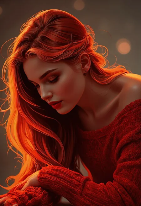 horror show, monster, nightmare, fear, illustration, Realism style, BNR style
In the vibrant portrait, a stunning redhead bends over with an air of irresistible charm. She wears a vibrant red off-the-shoulder sweater that hugs her curves, highlighting her voluptuous figure and drawing attention to her striking silhouette. Her long, flowing hair cascades down her back in soft, lustrous waves, sparkling in the light like fiery copper.