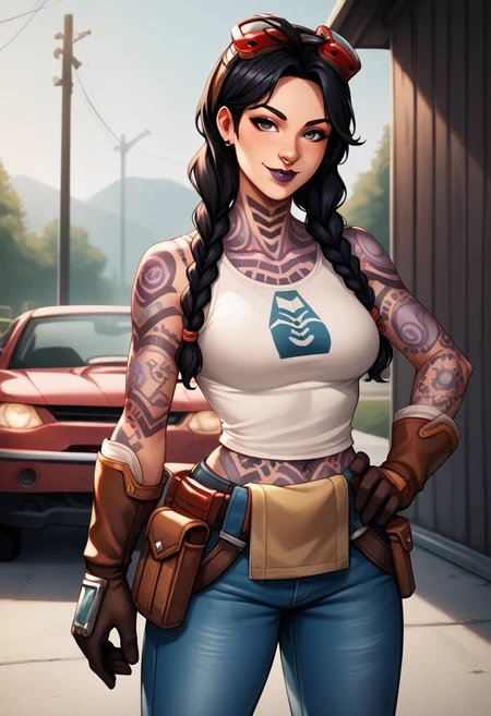 score_9, score_8_up, score_7_up, score_6_up, source_anime, BREAK masterpiece, <lora:jULESFN:0.9>, JulesFN, twin braids, black hair, red googles on head, tantkop,full-body tattoo, jeans, gloves, belt pouch, nose ring, purple lips, garage, upper body, hand on own hip, smile, looking at viewer, breasts,