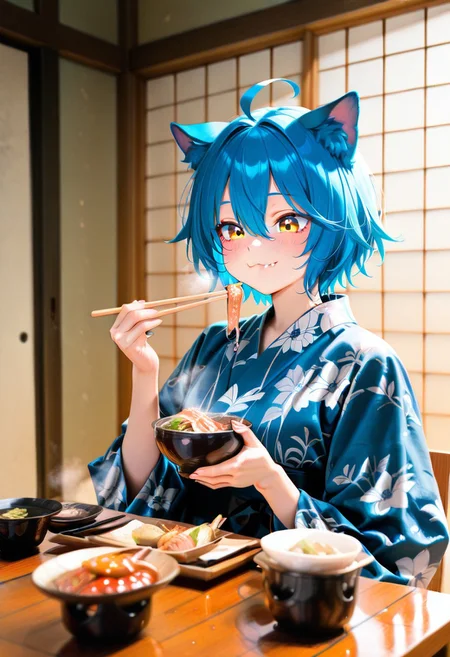 masterpiece, general, best quality, amazing quality, very aesthetic, ultra-detailed, absurdres, highres, newest, 1girl, short hair, royal blue hair, cat ears, ahoge, hair between eyes, yellow eyes, :3, fang, smile, yukata, heyashoku, food, table, eating, holding chopsticks, happy, steam,